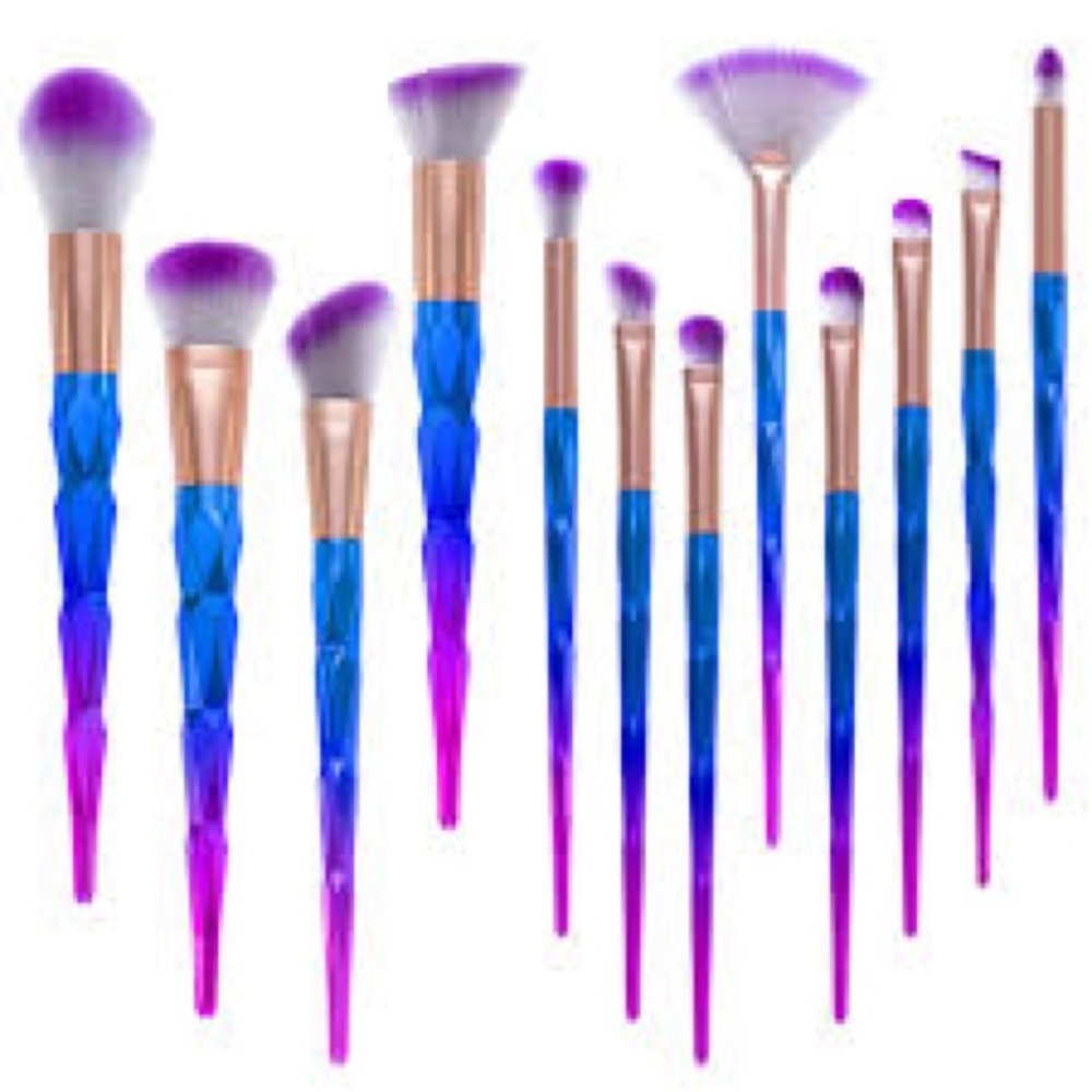 12 PC Blue & Pink Ombré Unicorn Diamond Handle Makeup Brush Set